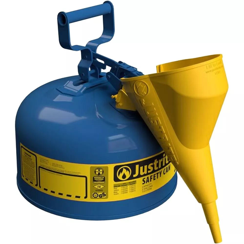 2 Gallon, Type I Safety Can w/Self-Close Lid for Flammables, Blue, Funnel